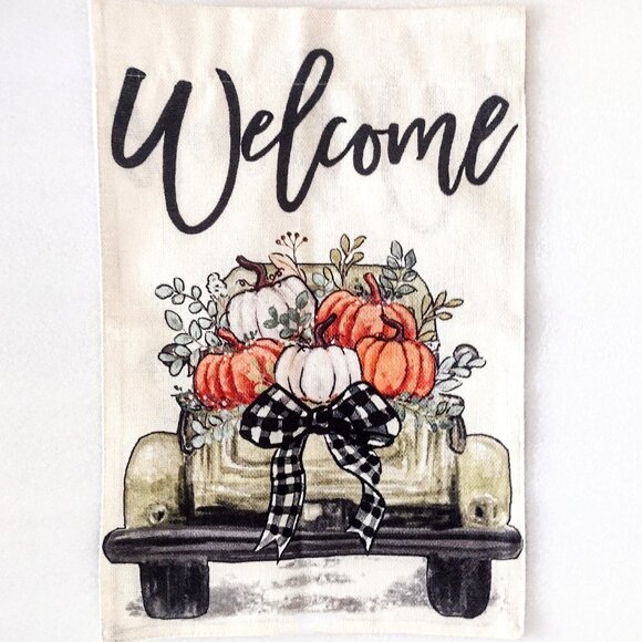 Fall Welcome Yard Garden Flag ~ Pumpkins & Pickup ~ Dbl-Sided ~ Sm. 12 x 18" NEW - Picture 3 of 10